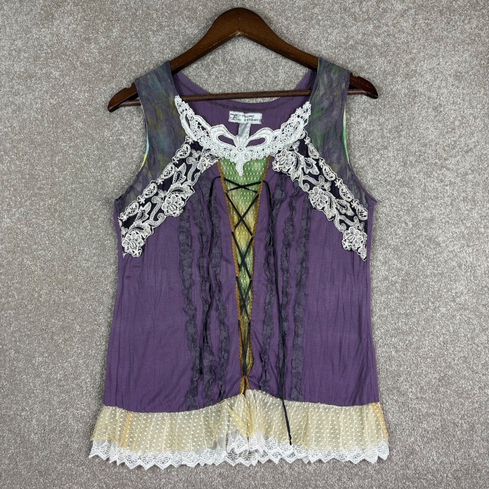 Young Essence Purple Lace Up Fairycore Sleeveless Top Crochet Boho Mixed Media L